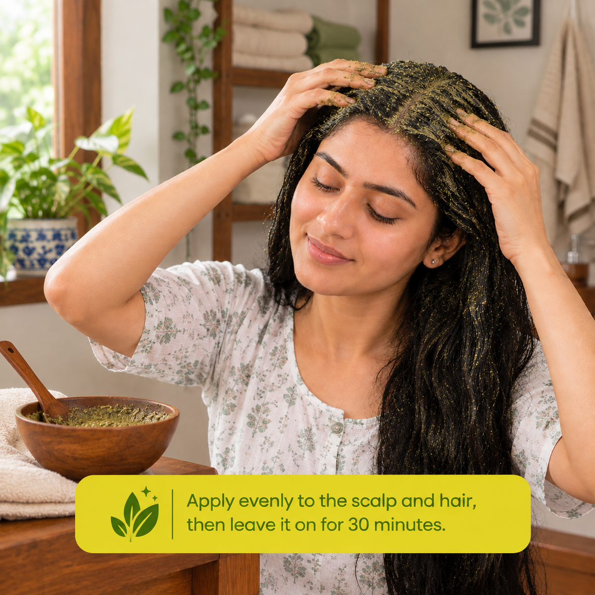 {"type":"root","children":[{"type":"paragraph","children":[{"type":"text","value":"Apply evenly to the scalp and hair, then leave it on for 30 minutes."}]}]}