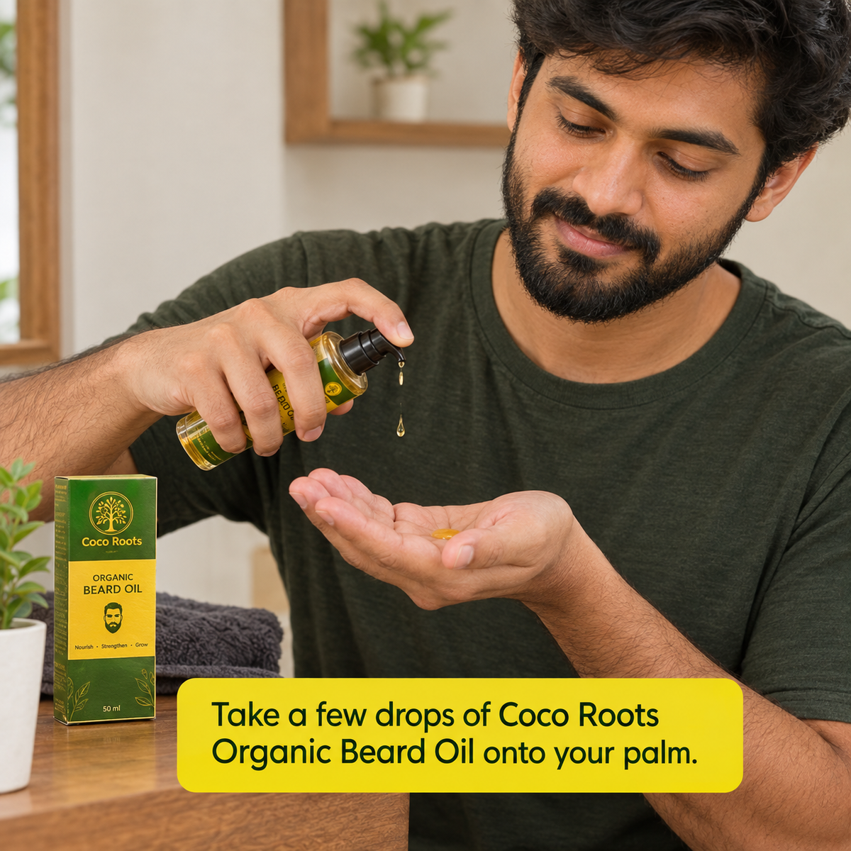 {"type":"root","children":[{"type":"paragraph","children":[{"type":"text","value":"Take a few drops of Coco Roots Organic Beard Oil onto your palm"}]}]}
