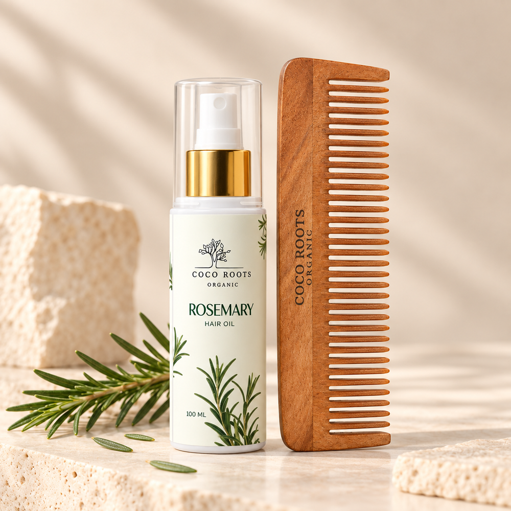 Coco Roots Rosemary Hair Growth Oil and Neem Wood Comb