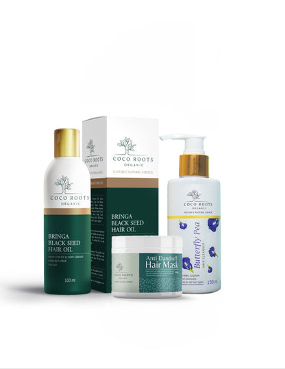 Dandruff pack - Bringa black seed oil+ anti Dandruff hair mask+ butterfly pea clenser